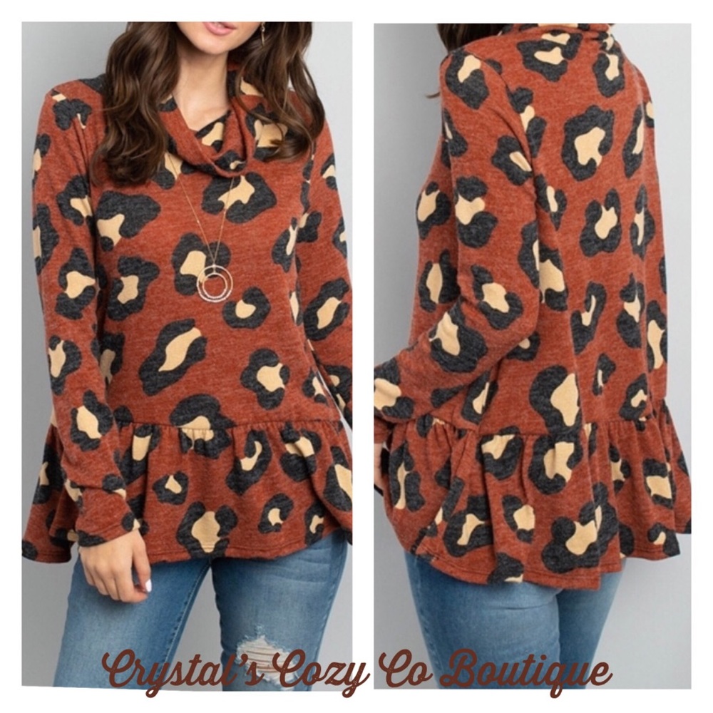 NWT Leopard Print Cowl Neck Top Ruffle Hem - Picture 5 of 10